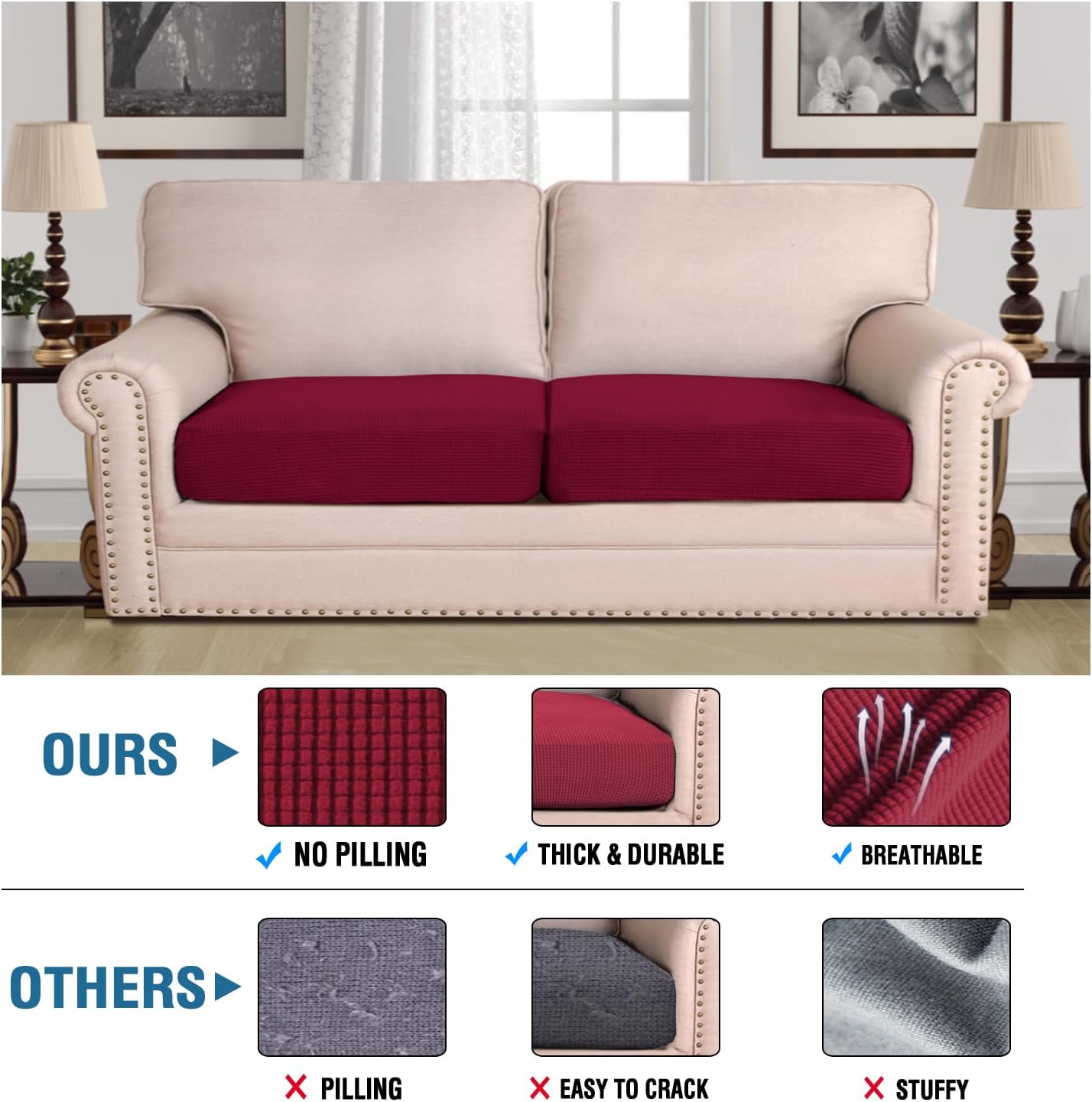 H.VERSAILTEX Super Stretch Individual Seat Cushion Covers Sofa Covers Couch Cushion Covers Slipcover Sets Thick Jacquard Textured Twill Fabric (2 Piece Large Sofa Cushion Covers, Burgundy Red)