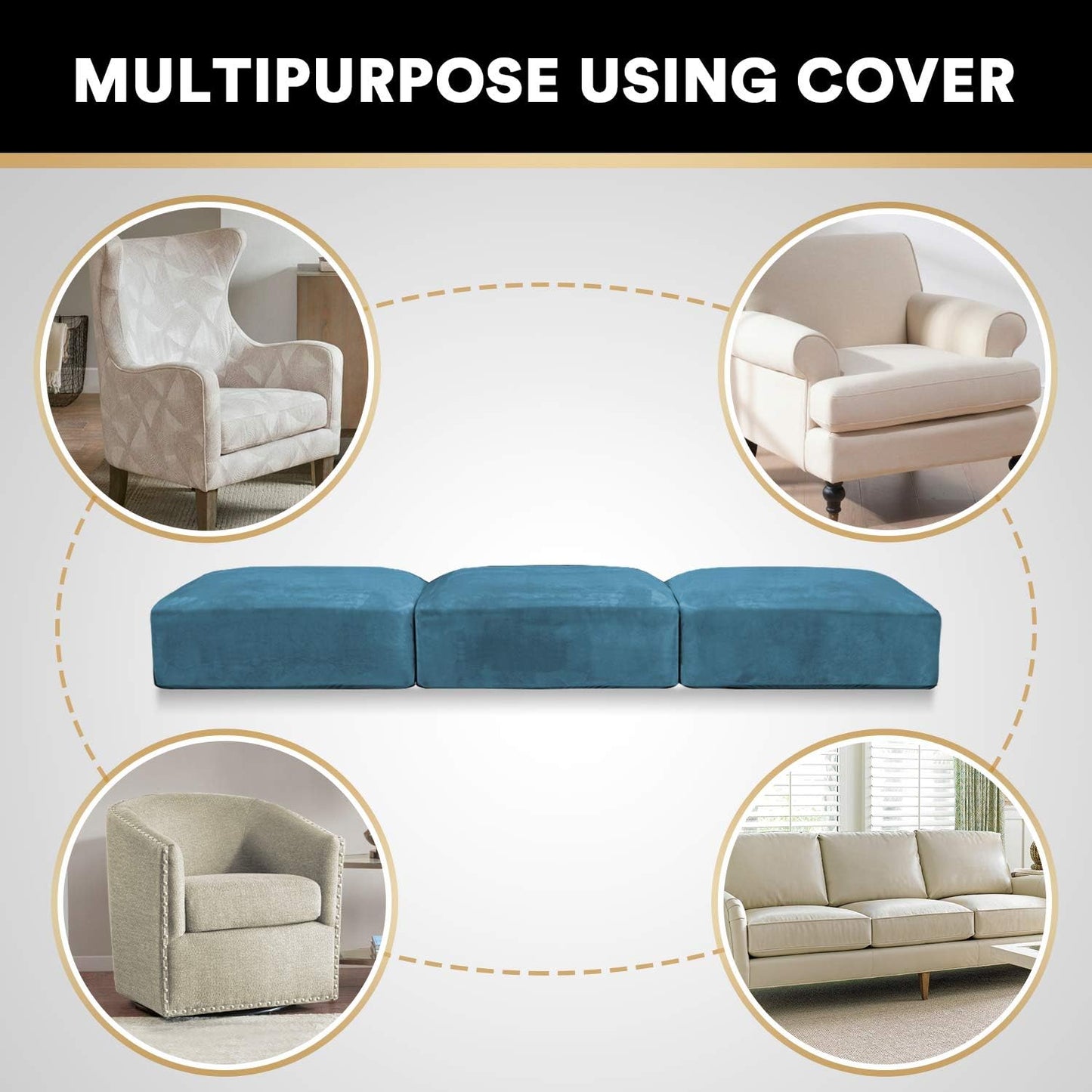 PrinceDeco Couch Cushion Covers, Stretch Washable Sofa Cushion Cover, Fitted Sofa Slipcover Velvet Fabric Non-Slip Furniture Protector for Dog,Pets, Kid (Each Width Up to 29.5", Blue)