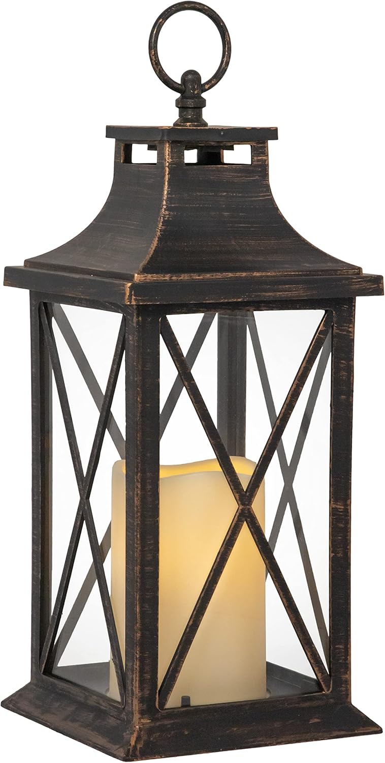 YAKii 14" Decorative Candle Lantern LED Flameless Candle Timer, Plastic LED Candle & Holder, Indoor & Outdoor Hanging Lights,Christmas Day Decoration (Antique Copper Brushed)