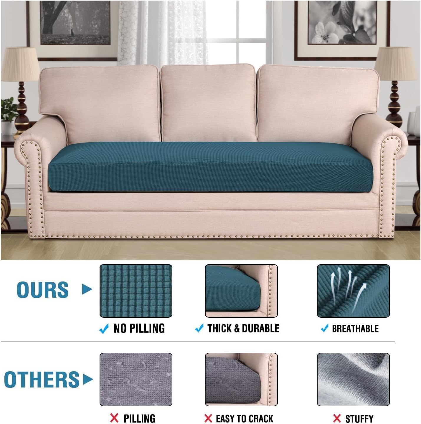 H.VERSAILTEX Super Stretch Individual Seat Cushion Covers Sofa Covers Couch Cushion Covers Slipcover Sets Thick Jacquard Textured Twill Fabric (1 Piece Sofa Cushion Cover, Deep Teal)