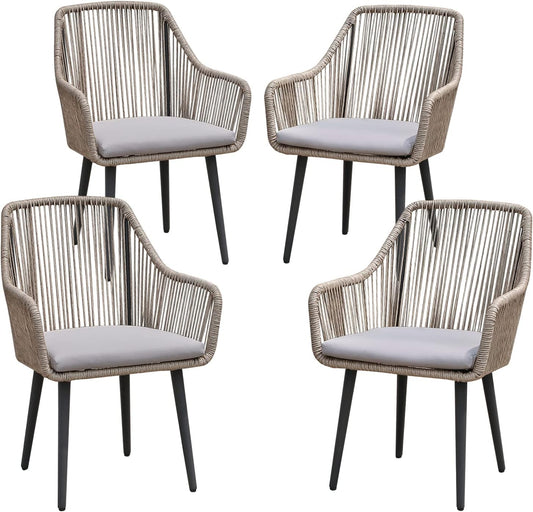 Patiorama Outdoor Dining Chairs, Patio Dining Chair Set of 4, All-Weather Woven Rope Rattan Chairs, Outdoor Dining Wicker Chairs with Armrests for Indoor Balcony Pool Backyard(Tan)
