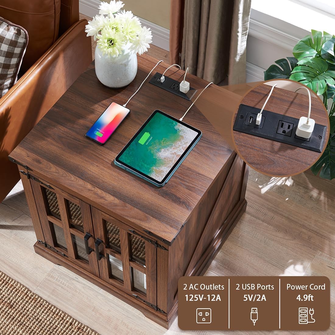 Farmhouse End Table with Charging Station,24" Large Sofa Side Table with Glass Barn Door, Rustic Wood Nightstand Bedside Table with Adjustable Storage Shelf for Living Room, Bedroom, Walnut