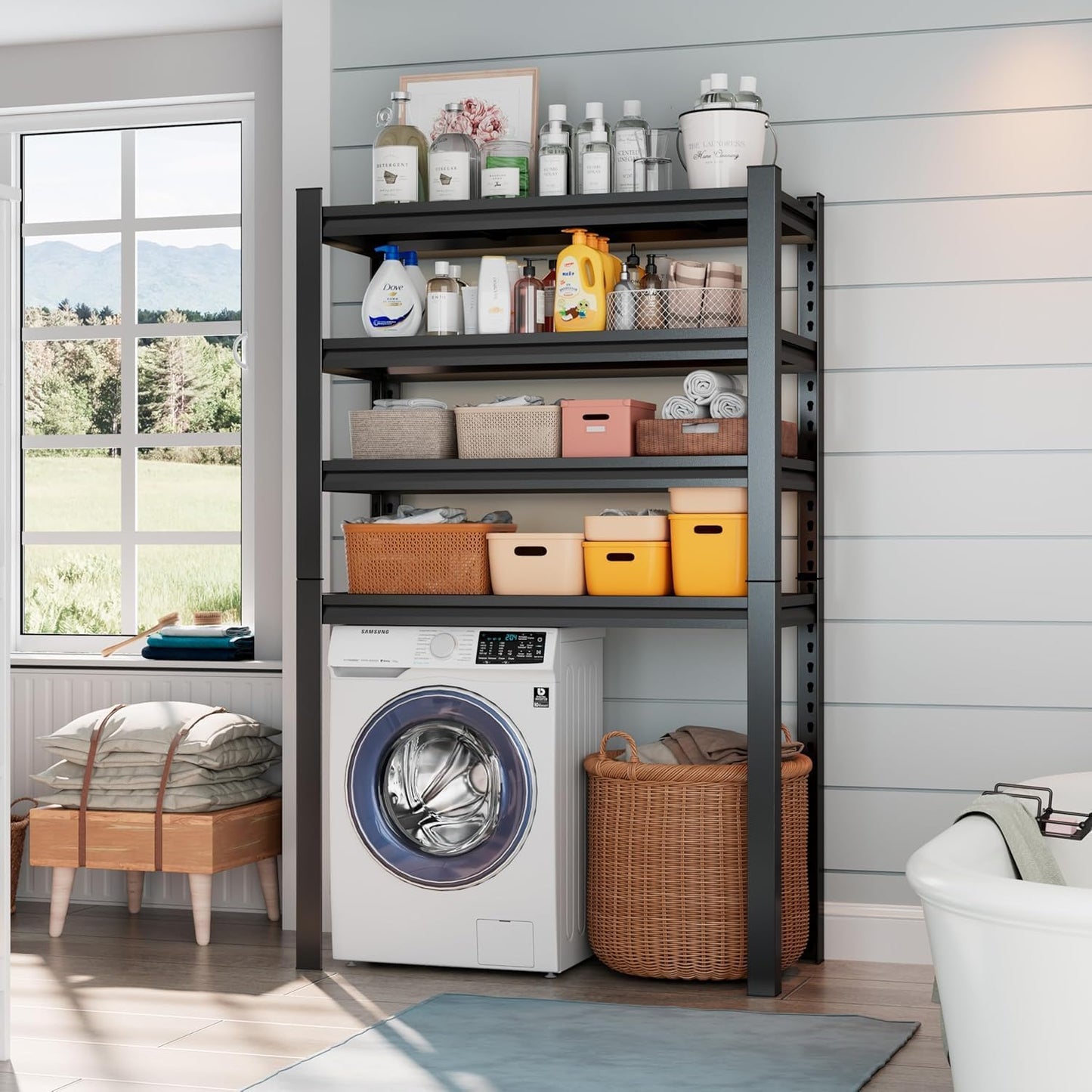 Laundry Room Storage Organizer, Over The Washer and Dryer Storage Shelves for Laundry Organization, 35" W x 14" D x 63" H, Suit Washing Machine Width Within 32.6", Hold 500 lb, Black