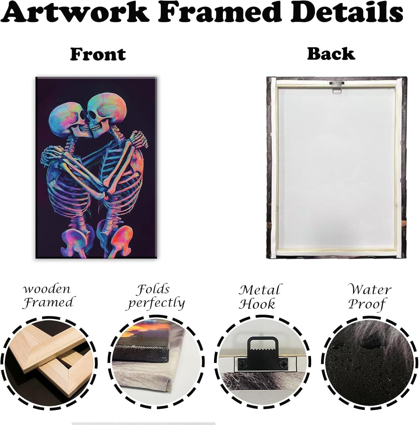 Skeleton Wall Art Kissing Skull Art Poster Skeleton Lover Picture Print On Canvas Abstract Horrible Theme Painting Framed Artwork Living Room Decor(Artwork-3,28"x42")