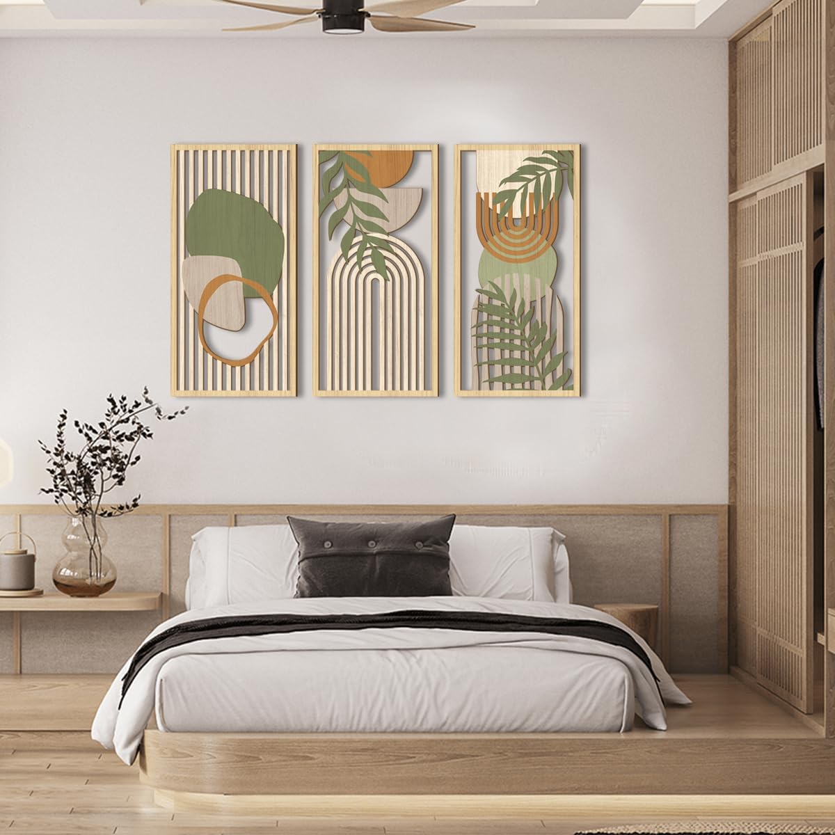 IARTTOP Boho Mid-century Modern Wood Wall Art 16x32 Inch Large Green Abstract Wood Wall Decor Mid Century Bohemian Artwork for Bedroom Living Room Office Kitchen Set of 3