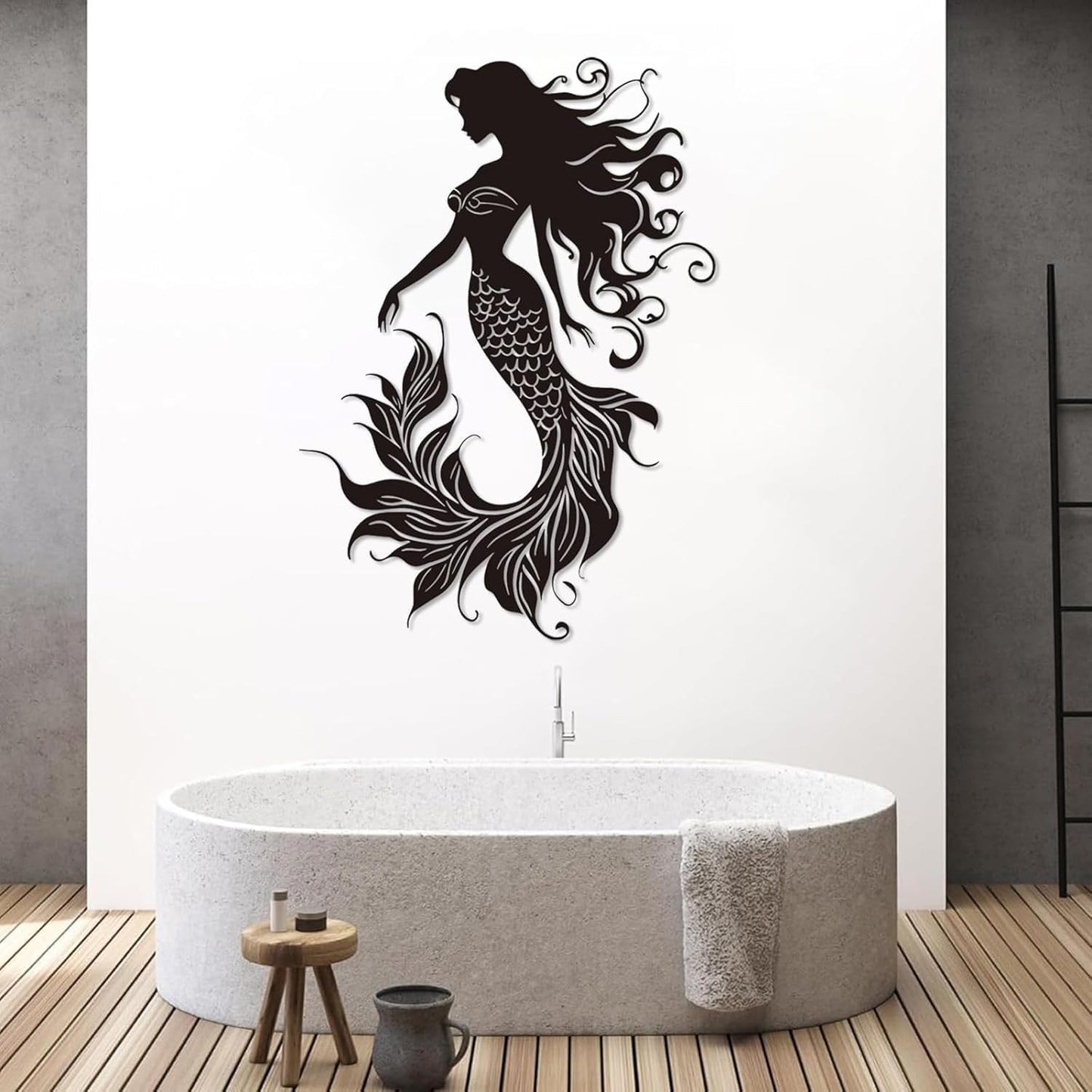 Veplsur Mermaid Metal Wall Art, Metal Mermaid Wall Decor, Marine Biology Wall Decor, Ocean Wall Art, Nautical Wall Hanging, Beach Hanging for Bathroom Bedroom (Black, 24"x17"|60x43cm)