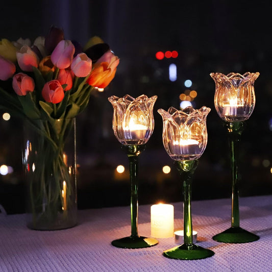 VOHO Tulips Glass Clear Candle Holder Decor for Home Living Room, 3pcs Varying Heights Tealight Candle Holder Wedding Centerpieces for Tables, White Flower Tall Votive Candle Holders Gifts for Friends