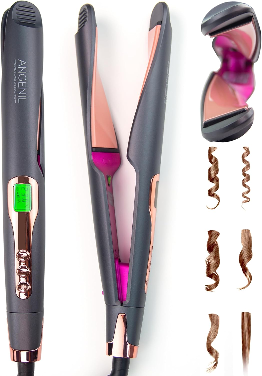 ANGENIL Pro Twist Ceramic Flat Iron 1 Inch, Dual Voltage Hair Straightener and Curler 2 in 1, Multi-Stylers Round Flat Iron Hair Curling Iron, Fast Heating LCD Display, 11 Adjustable Temp (250℉-450 ℉)