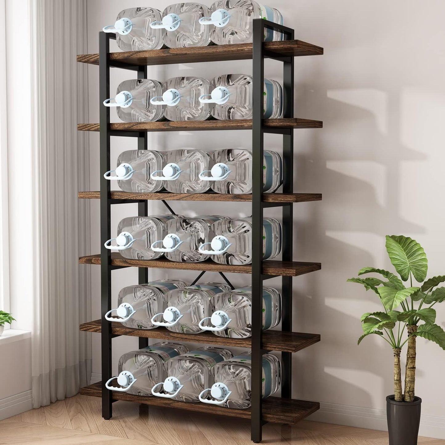 Solid Wood Bookcase and Book Shelves Wood and Metal Shelving Unit 6 Tier Bookshelf Modern Rustic Open Bookshelf Office,Distressed Brown (AY-02-6Tier)