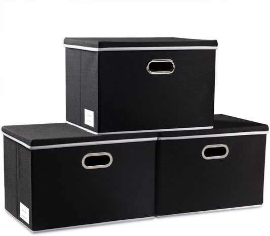 PRANDOM Extra Large Collapsible Storage Bins with Lids [3-Pack] Linen Fabric Foldable Storage Baskets Boxes Organizer Containers Cube with Cover for Bedroom Closet Office Nursery (22.8x15.7x13.8)