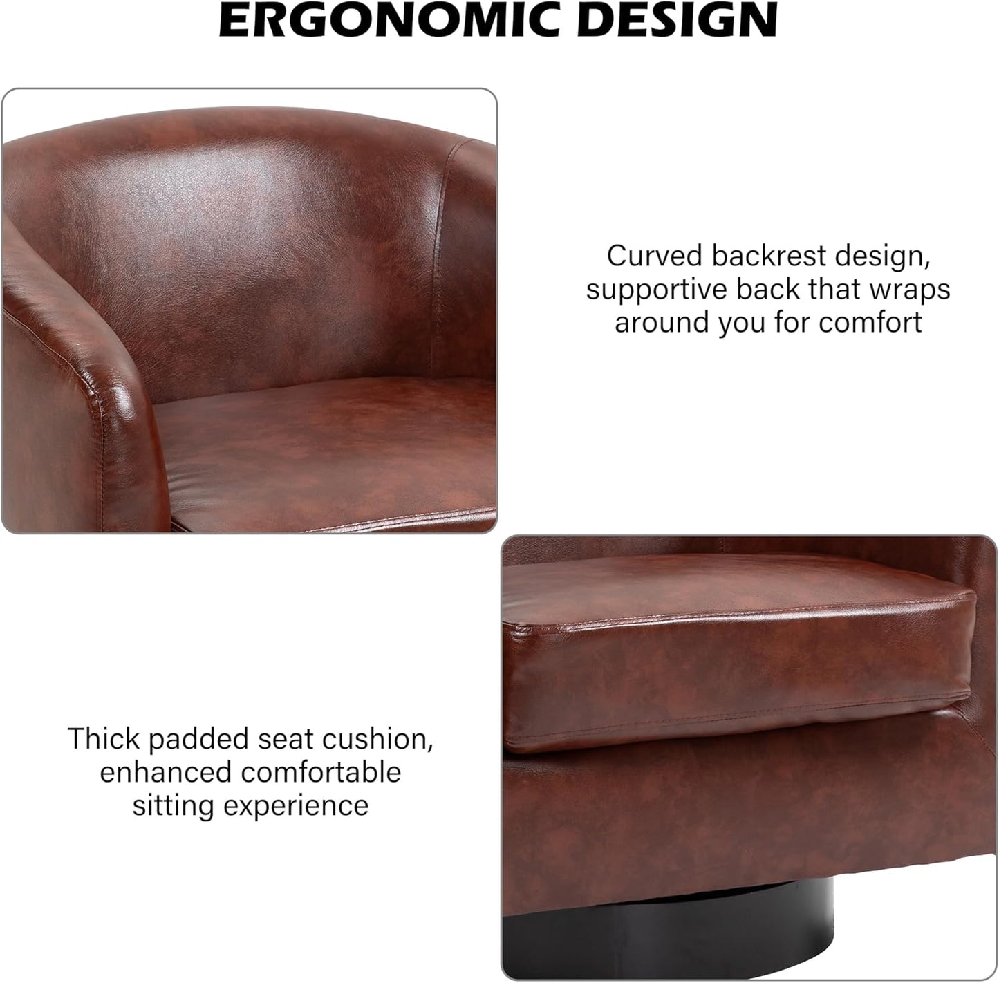 Swivel Barrel Accent Chair, Modern Round Faux Leather Arm Chair for Living Room, Bedroom, Comfy Club Reading Chairs for Adults(Faux Leather, Red Brown, Set of 1)
