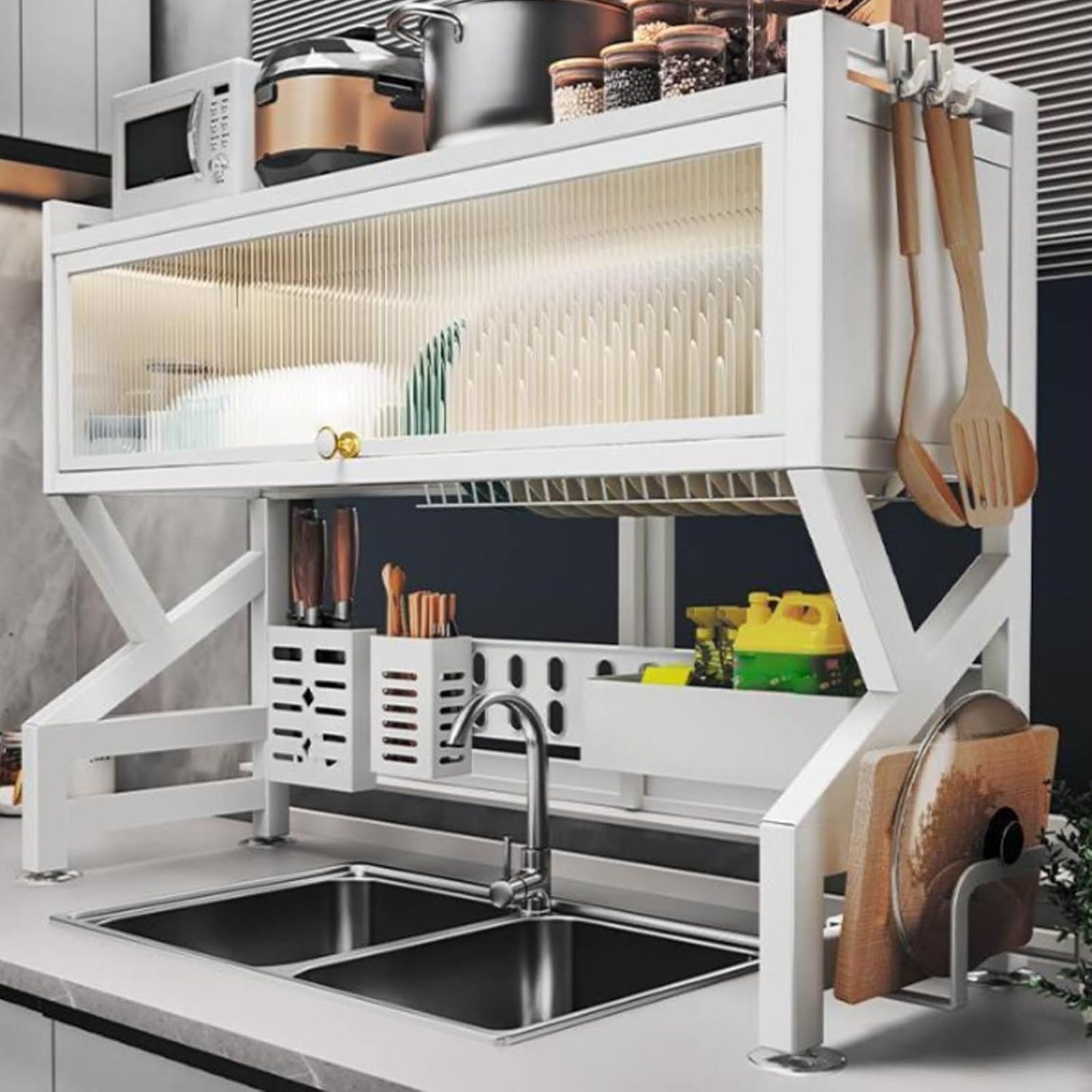 Kitchen sink rack dishwashing sink countertop dustproof cupboard storage multifunctional tableware storage drain rack double layer,KeepKitchen Sink Shlef Organized Space-Saving(White,95cm/37.4in)
