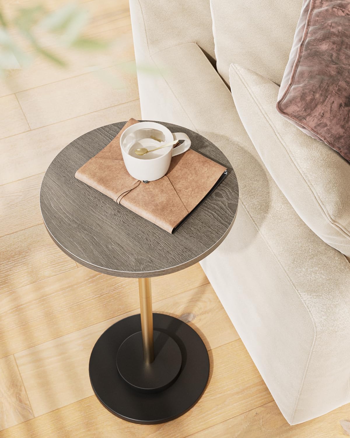Masupu Drink Table, Round Side Table for Small Spaces, Pedestal Side Table, Small End Table with Metal Base, for Living Room, Bedroom, Bathroom, Grey