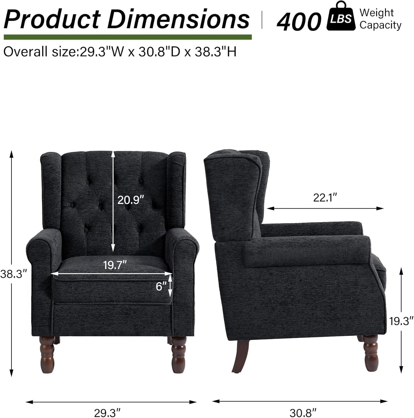 Accent Chair, Upholstered Armchair with Button Tufted High Back & Solid Wood Legs, Comfy Wingback Reading Single Sofa Chair for Small Spaces, Living Room, Bedroom-Blue,1 SEAT
