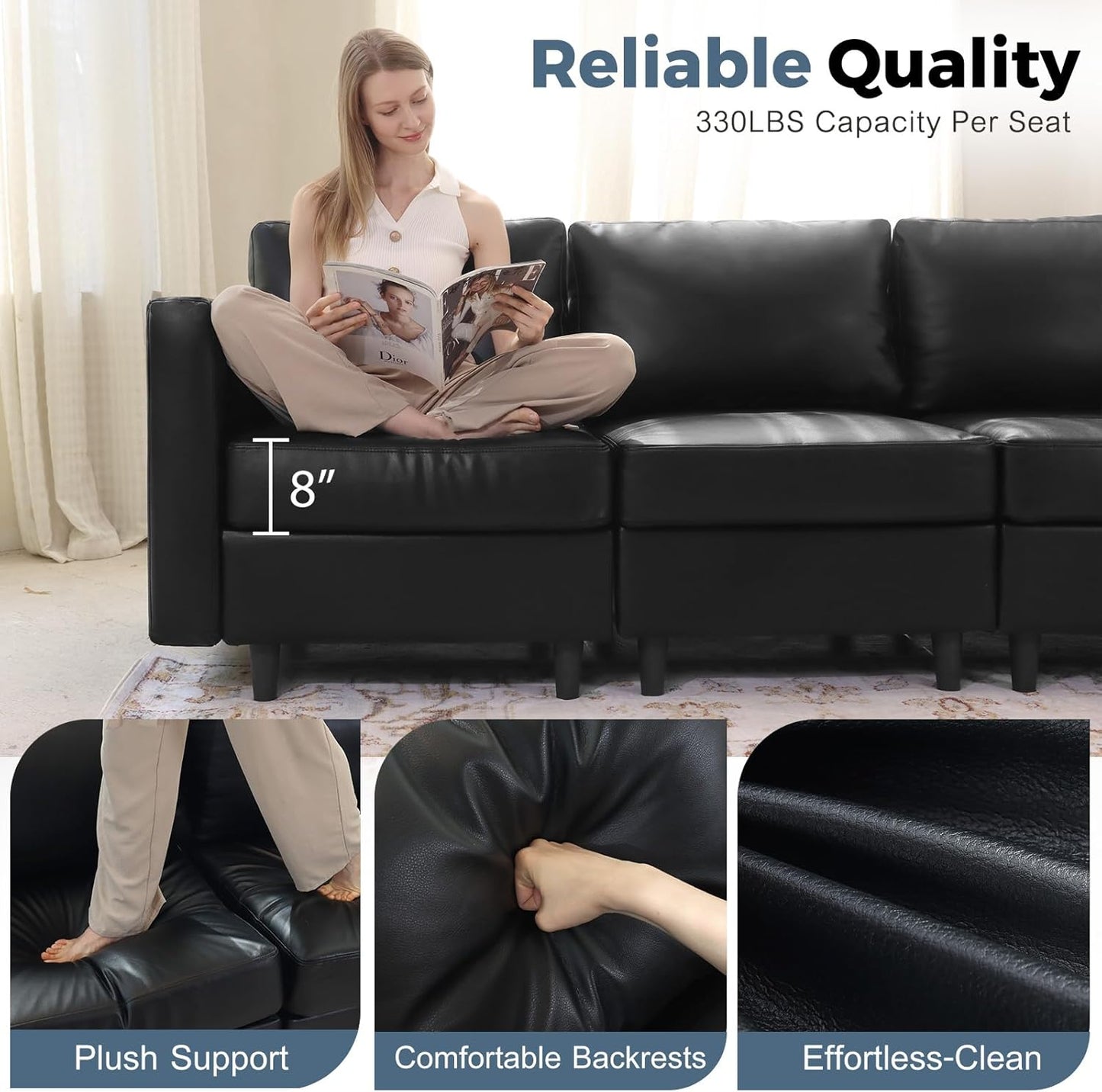 ABCASA 118.5" Faux Leather Modular Sectional Sofa, Modern Large 8 Seater U Shaped Couch with Storage Seat with Reversible Chaise Deep Seat for Living Room DIY Combination - Black