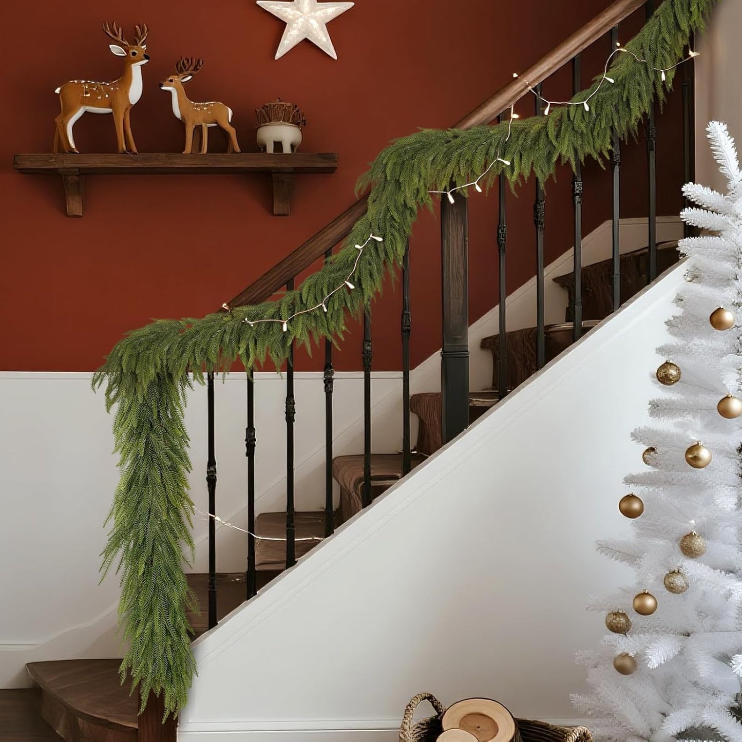 16FT Christmas Norfolk Pine Garland -1PCS, Artificial Pine Needles Garlands Faux Greenery Fake Garland for Holiday Fireplace,Table,Window,Stairs,Mante,Indoor Outdoor Decor