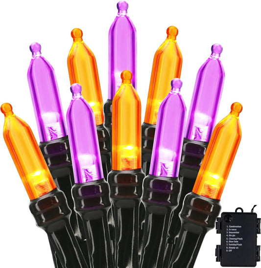 BrizLabs Orange Purple Halloween Lights, 33ft 100 LED Battery Halloween Lights, 8 Modes Orange Purple String Light with Timer, Indoor Outdoor Mini Battery Light for Outside Tree Bedroom Patio Decor
