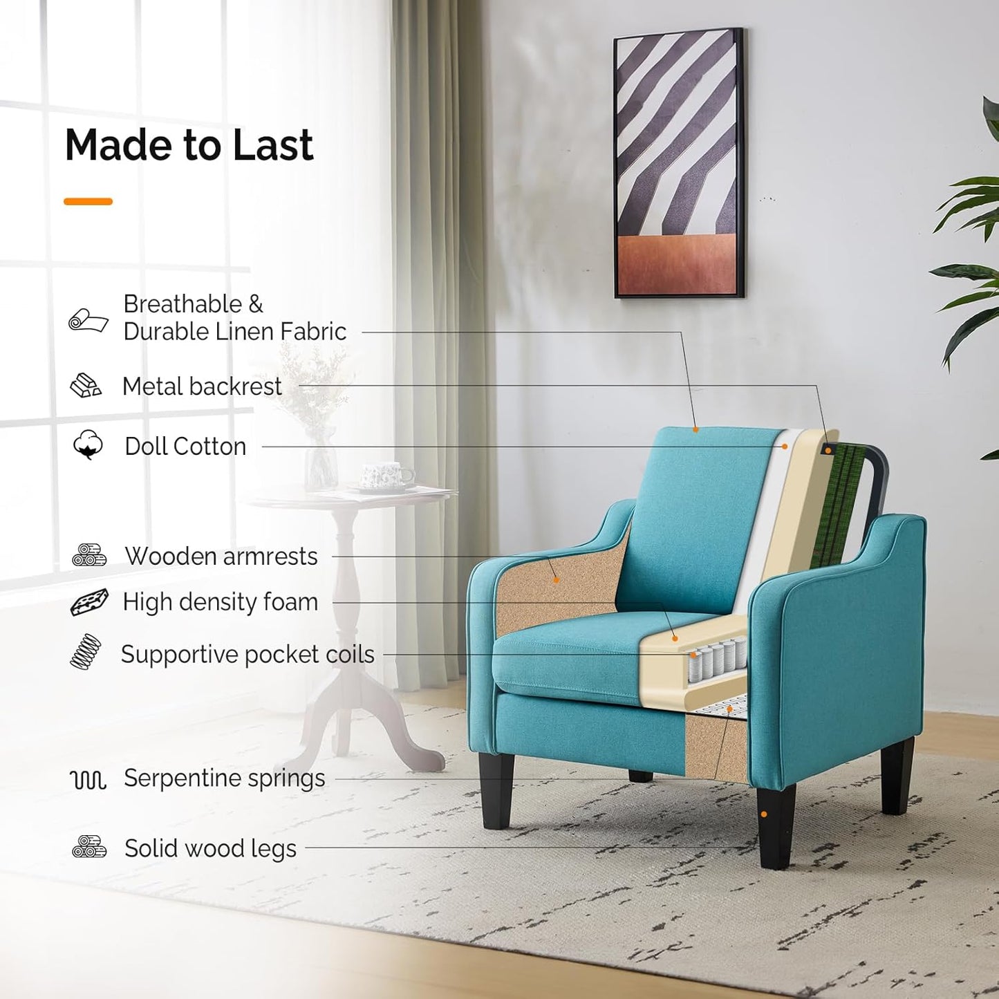 VINGLI Accent Chairs for Living Room Mid Century Modern Chair Sofa Chair Upholstered Arm Chair with Scooped Arms for Bedroom, Apartment, Office, Studio, Waiting Room, Play Room