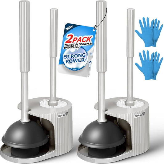 2Pack 2 in 1 Toilet Brush and Plunger Set, Extended Handle Plunger，Toilet Bowl Brush Plunger Set,Bathroom Cleaning Tools ，Toilet Brush Plunger Combo，Cleaning Supplies（Cream Grey）