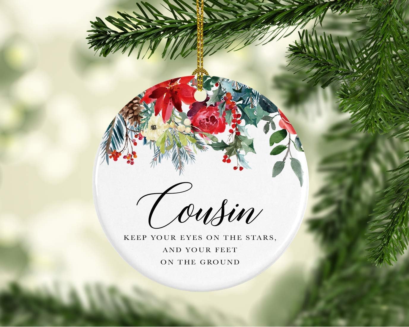 Andaz Press Round Ceramic Porcelain Christmas Tree Ornament Keepsake Gift for Cousins, Cousin Keep Your Eyes on The Stars, and Your Feet on The Ground, 1-Pack