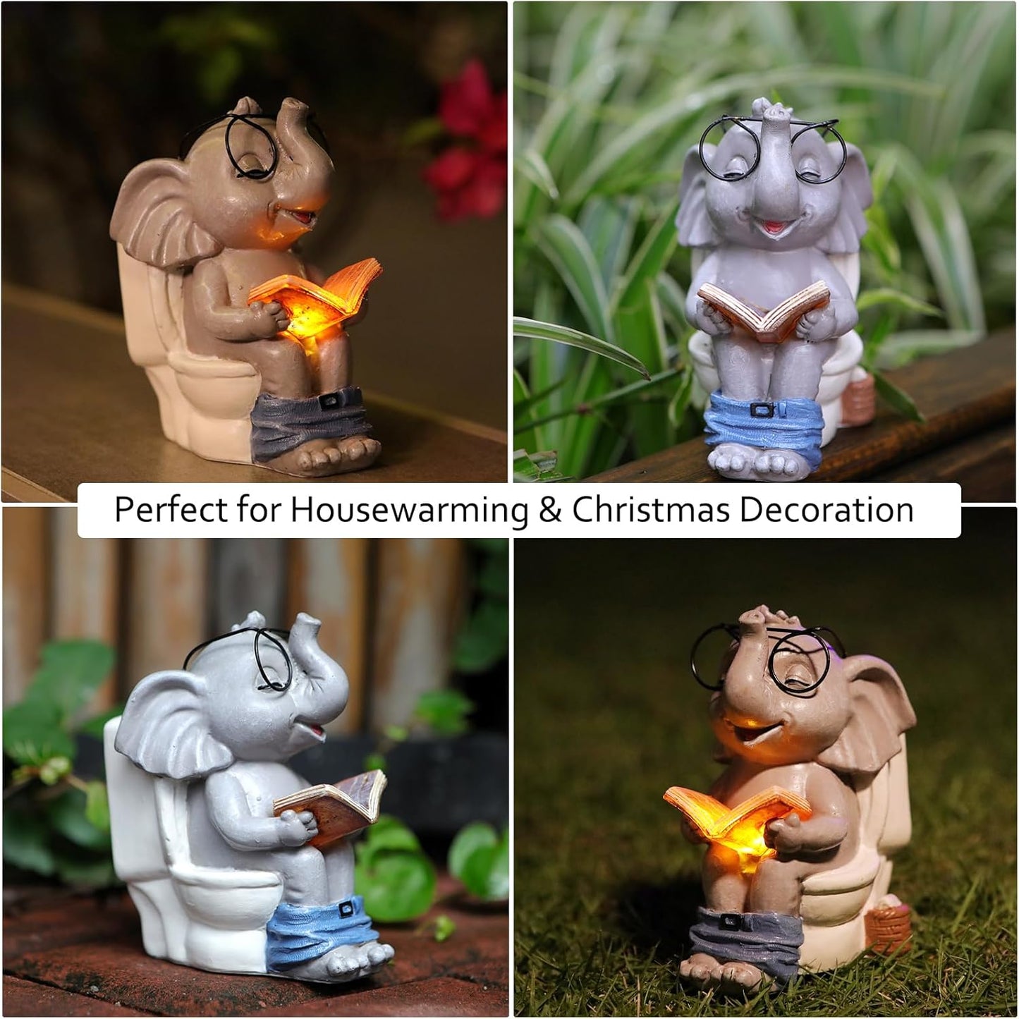 Elephant Statue Solar Outdoor Garden Decor, Funny White Elephant Gifts for Women, Mom, Grandma or Birthdays,Elephant Decor Ornament for Yard Art Balcony Patio Porch Lawn & Home House