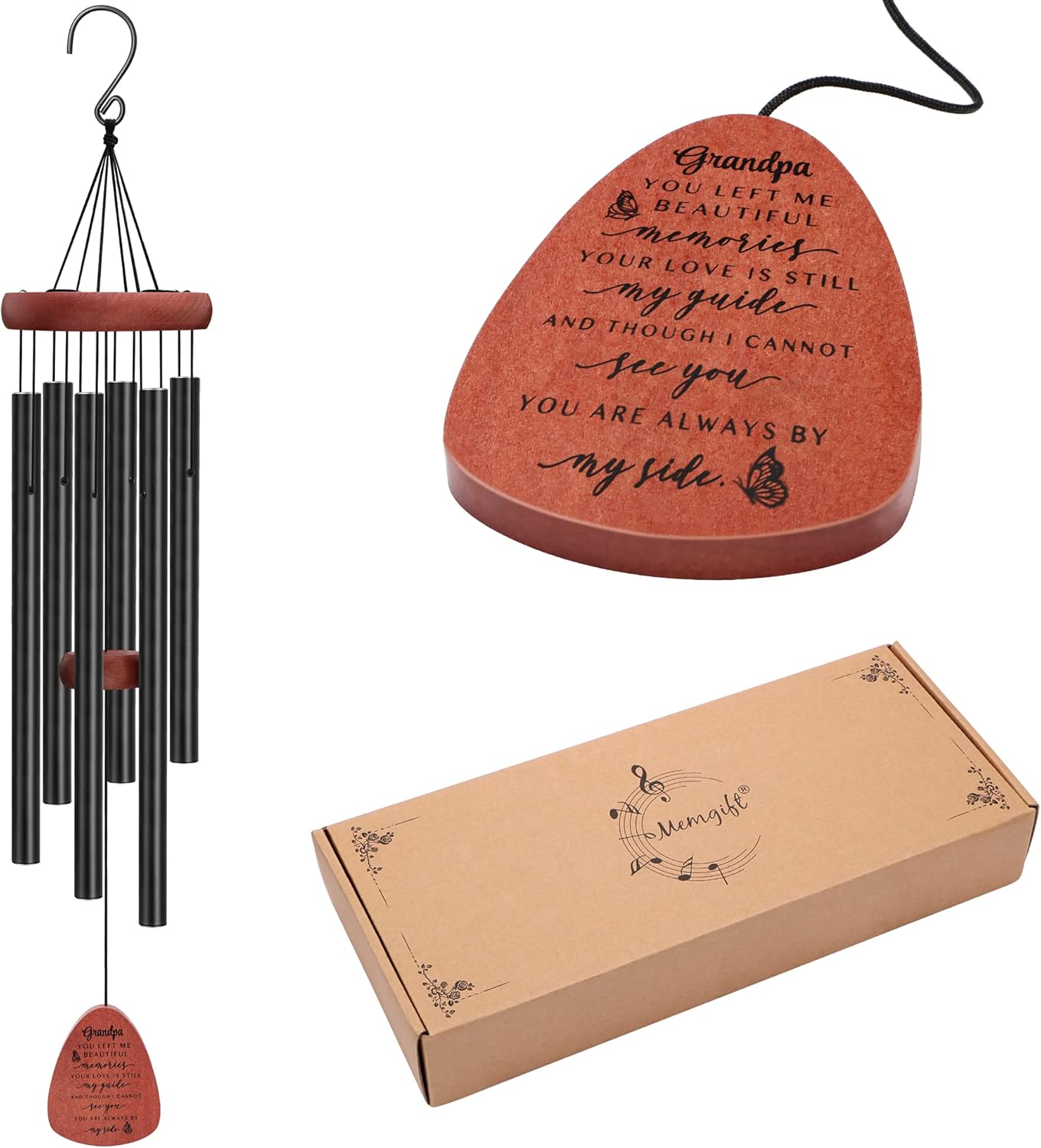 Memgift Memorial Wind Chime for Loss of Grandpa - Solid Beech Wood Sympathy Gift - Outdoor Bereavement Wind Chime for Garden, Patio - in Remembrance of Grandfather 32 Inch