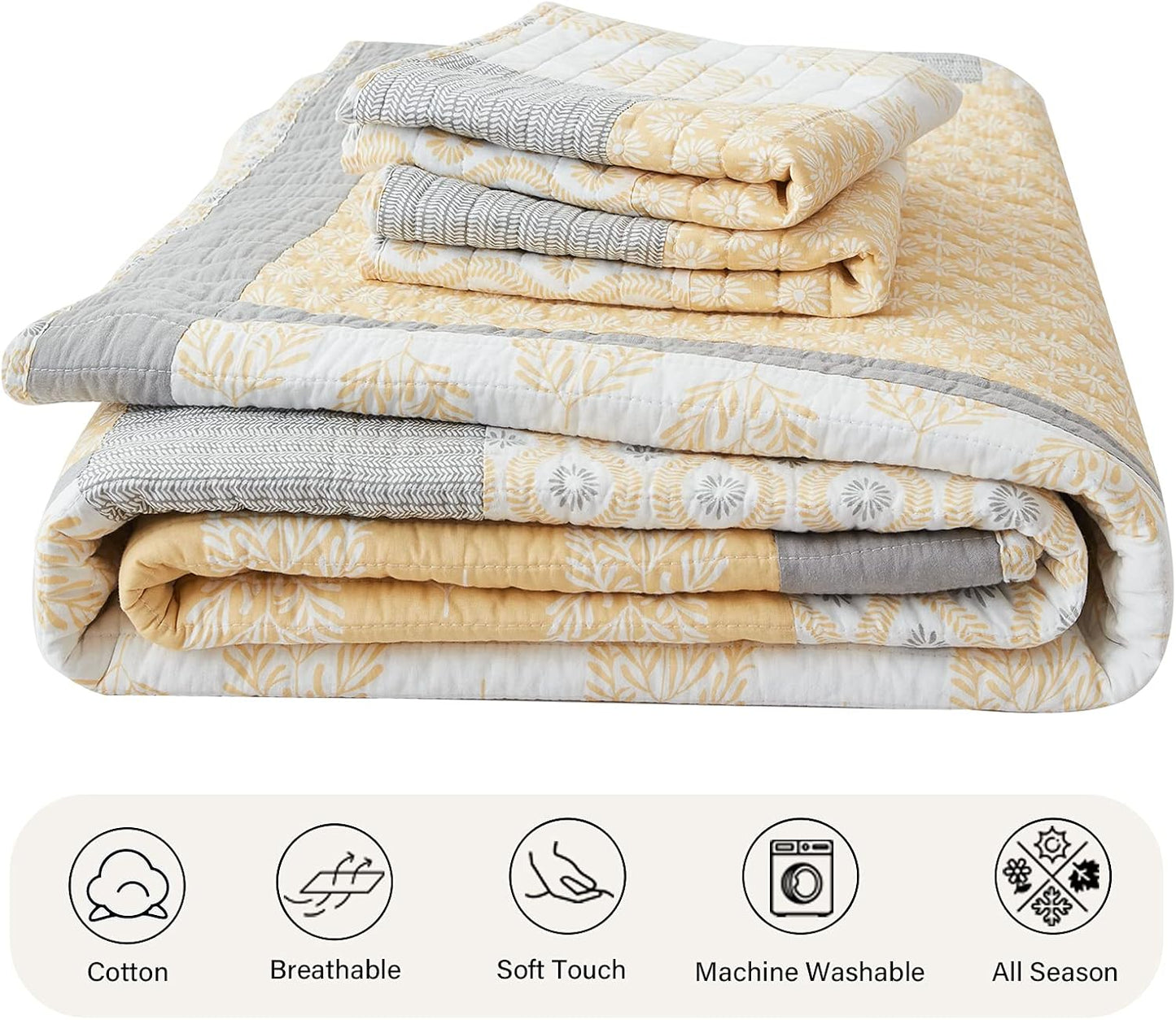 PANGUSHAN Quilt Set Queen Size,100% Cotton Queen Quilt Bedding Set Bedspread,Patchwork Yellow/Gray(Grey) Floral Reversible Quilt Set for Queen Bed,Lightweight Comforter Bed Spread,3 Pieces