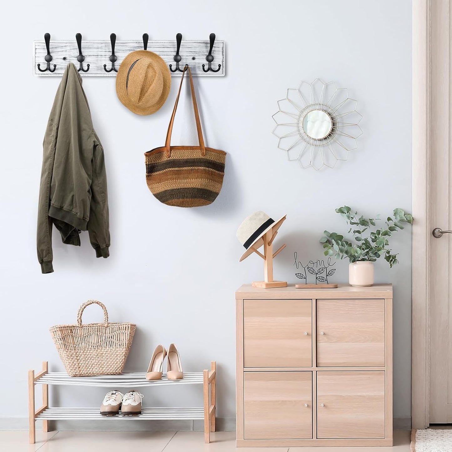Coat Rack Wall Mount, Wooden Heavy Duty Coat Rack for Wall,6 Triple Coat Hanger Hooks for Hanging Coats,Jacket,Hat,Clothes (Grey White, 6 Hooks)