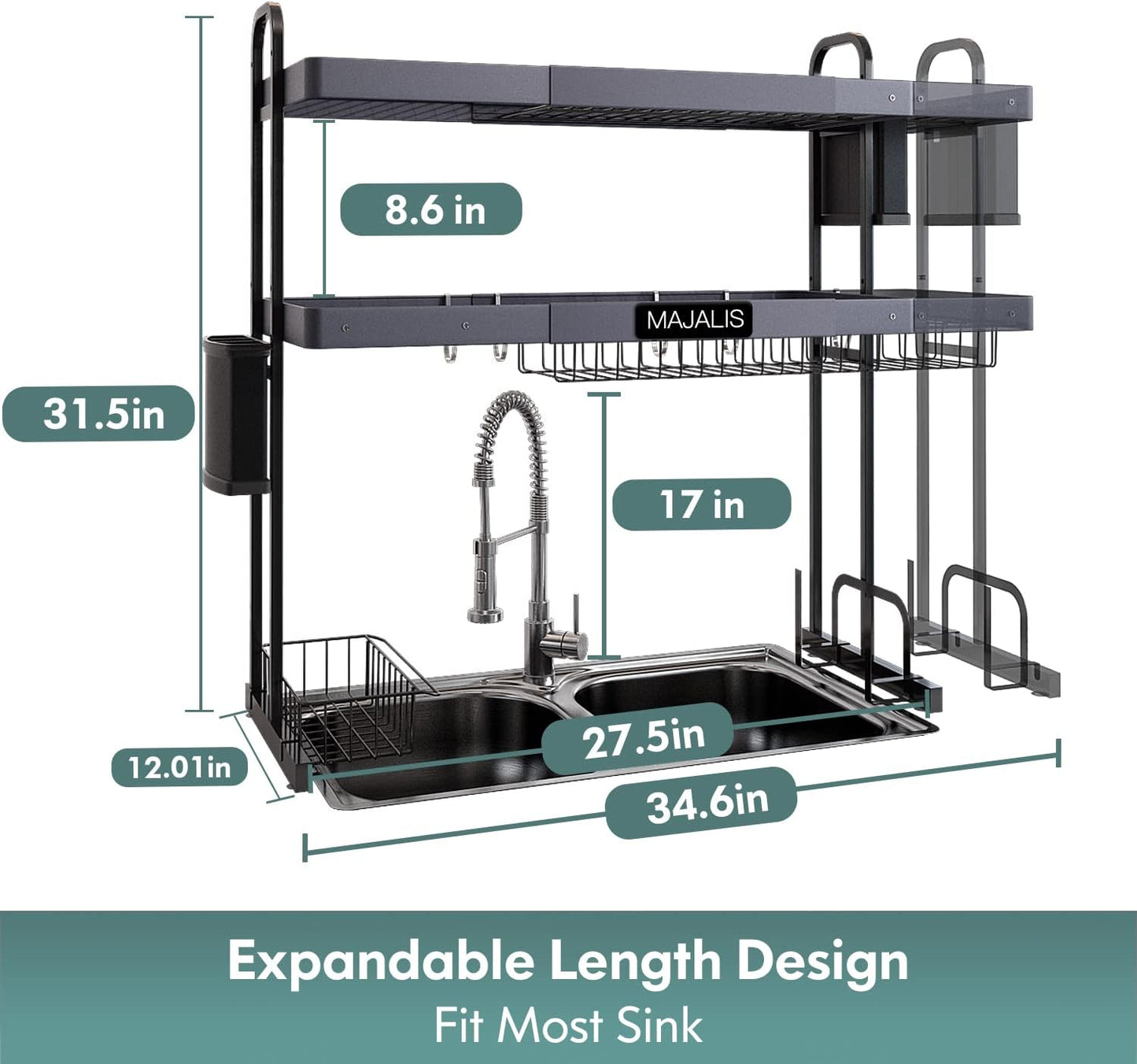 MAJALiS Over Sink Dish Drying Rack, Stainless Steel 2 Tier Large Dish Drainer Above Sink Adjustable 27.5" - 34.6", Expandable Kitchen Counter Organizer Storage Shelf with 6 Hooks