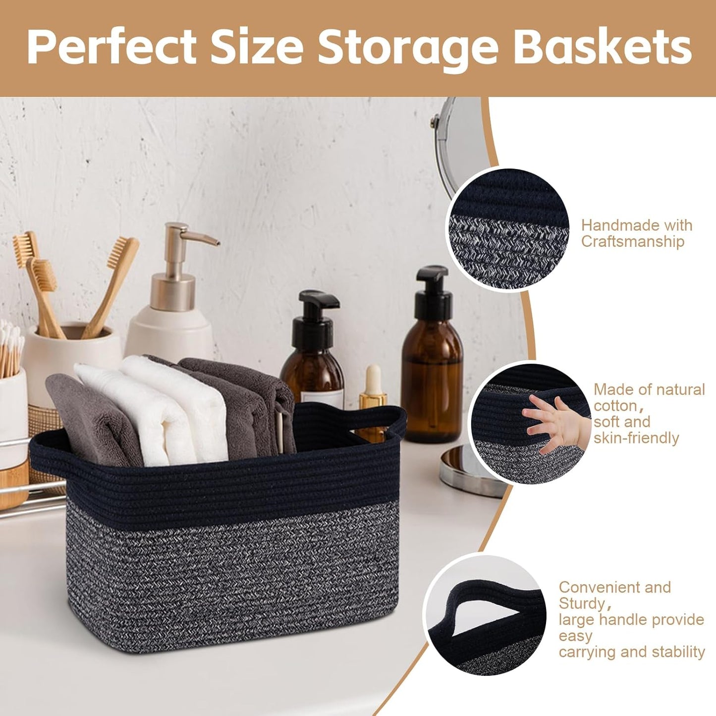 Storage Basket for Organizing, Woven Baskets for Storage, Rectangle Decorative Baskets for Shleves, Closet, Toys, Books, Nursery Organizer Bins - Pack of 3 (Blue & Black)