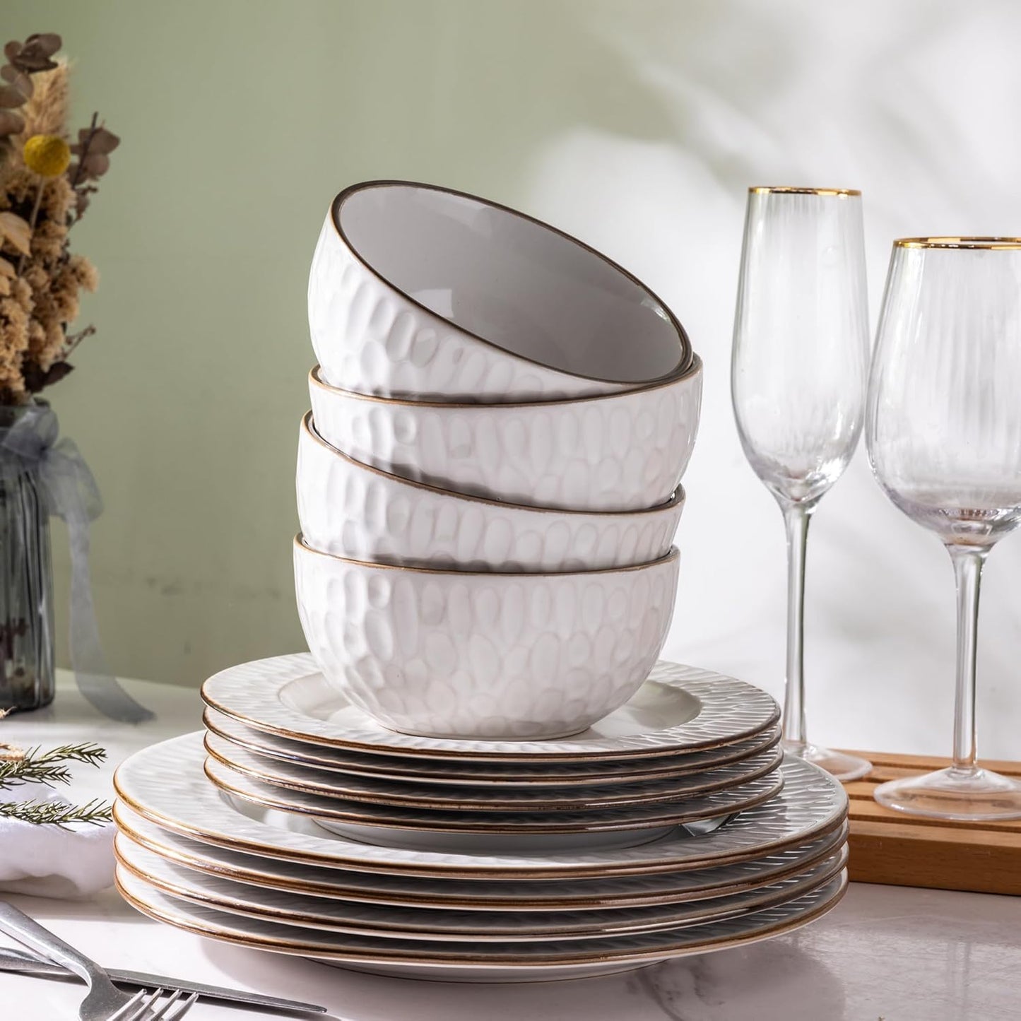 GBHOME Ceramic Dinnerware Sets,12 pcs Embossed Elegant Stoneware Plates and Bowls Sets, Housewarming Wedding Gift | Dishwasher & Microwave Safe | Dishes Set Service for 4