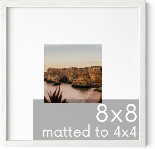 HAUS AND HUES Solid Oak 8"x8" Picture Frame Matted to 4"x4" - 8x8 Square White Picture Frames, Square Picture Frame Wood, 8 x 8 Picture Frames with Mat, White Poster Frames with Matting