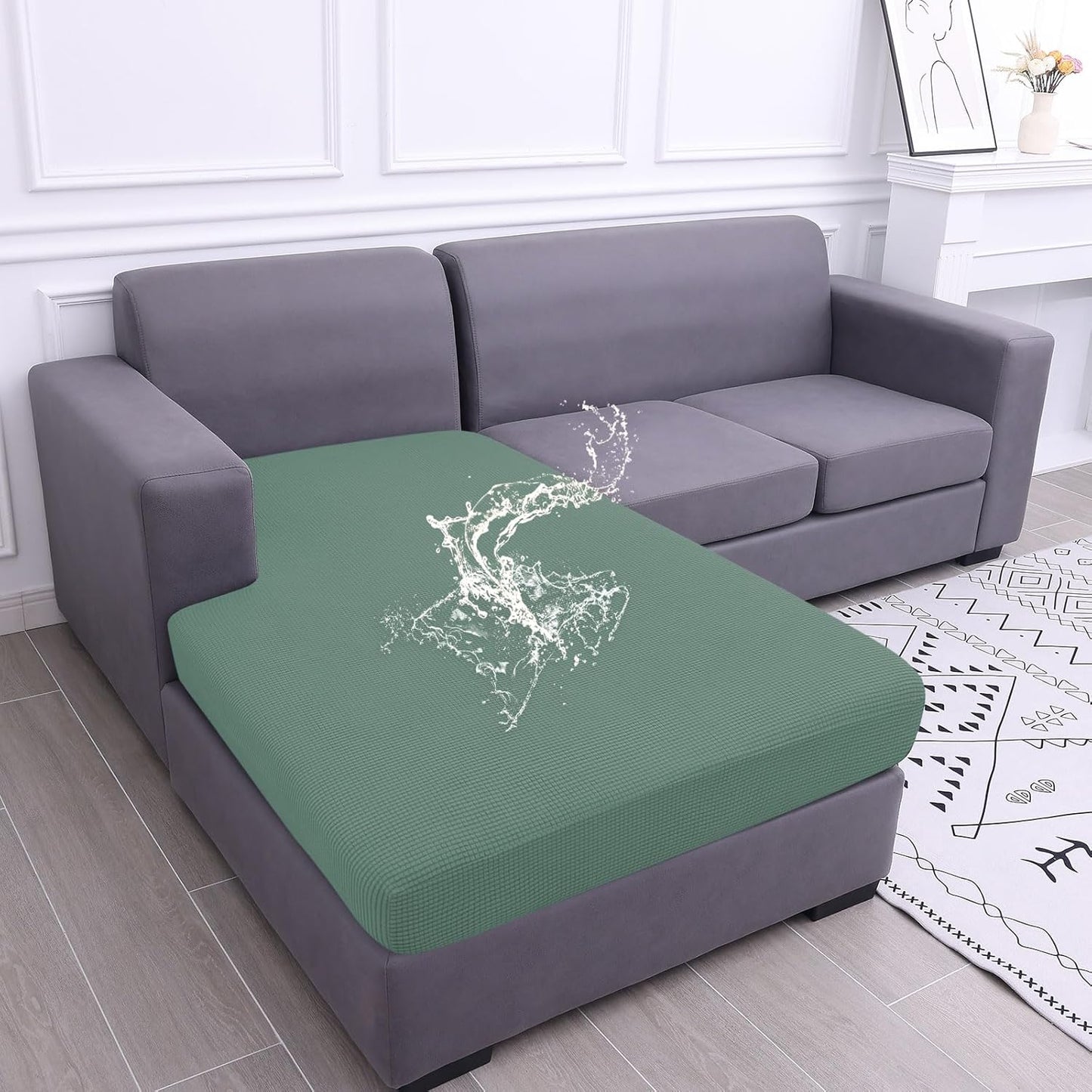 hyha Waterproof Sectional Couch Covers, Non Slip Sofa Couch Cushion Covers L Shape, Thick Stretch Jacquard Fabric, Washable Sofa Slipcovers with Elastic Bottom (1 Piece for Chaise XL, Green)