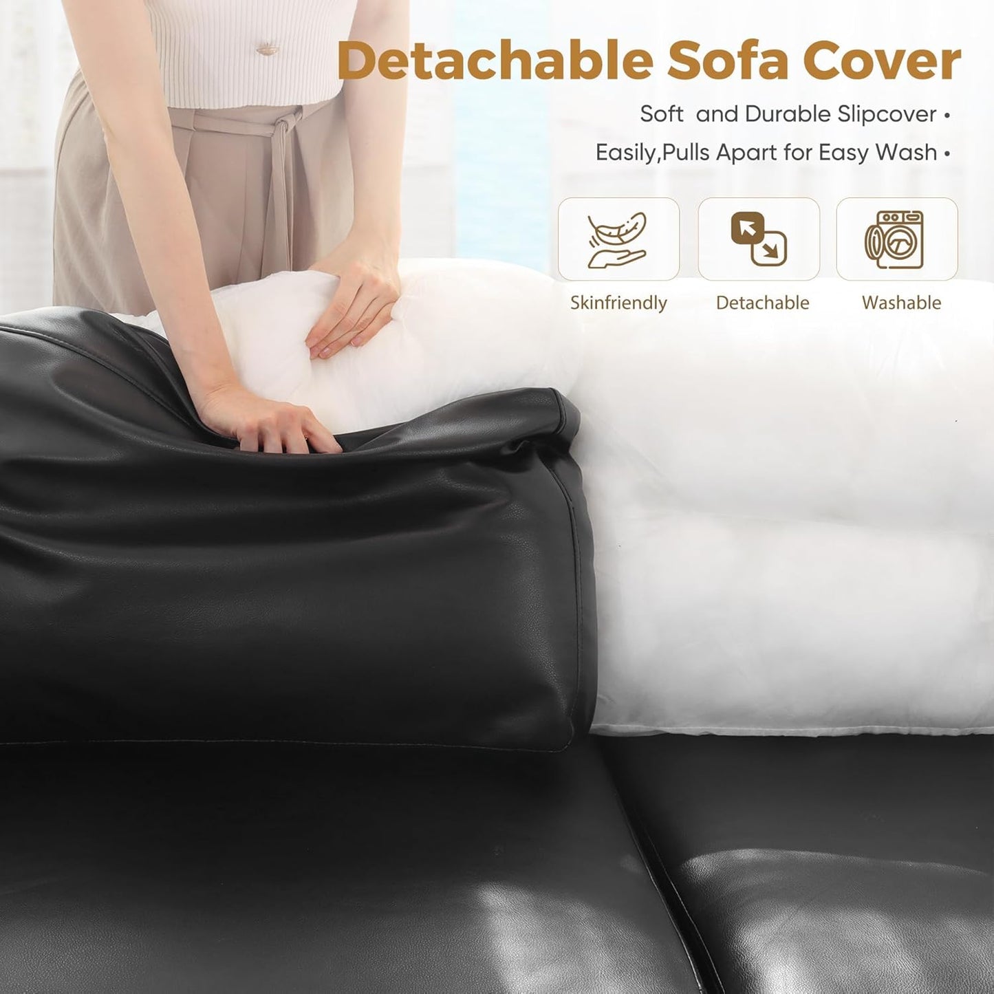 Faux Leather Single Sofa with Storage Ottoman, Modern Accent Chair Deep Seat Large Reading Armchair, Chaise Lounge Chair for Living Room Bedroom Office Black