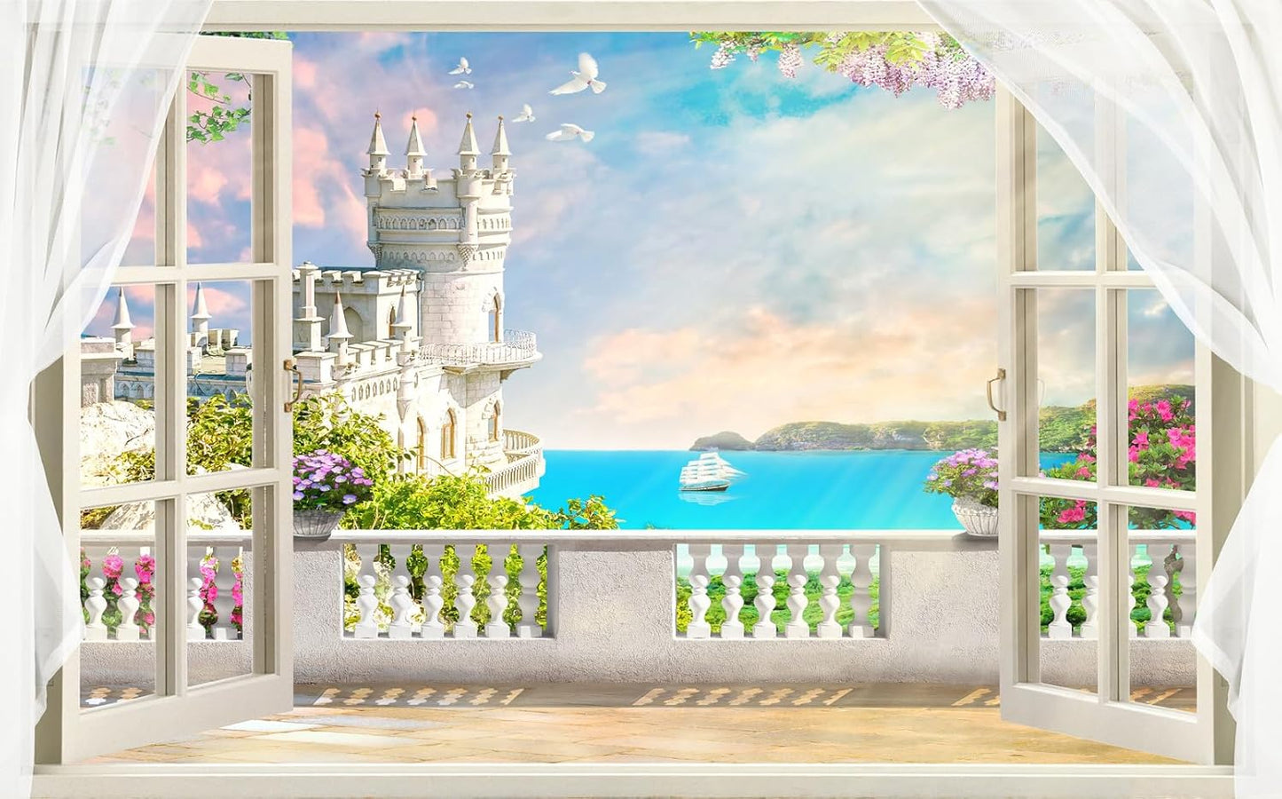 Window Seascape Wall Mural Wallpaper for Bedroom Living Room Bathroom (Not Peel n' Stick)