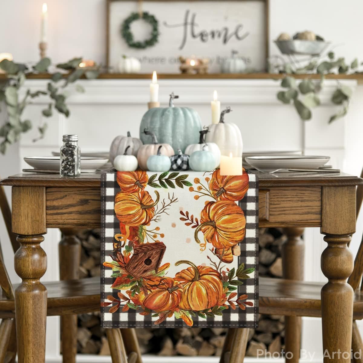 Artoid Mode Buffalo Plaid Pumpkins Mushrooms Birdhouse Leaves Table Runner, Seasonal Fall Harvest Vintage Kitchen Dining Table Decoration for Indoor Outdoor Home Party Decor 13 x 36 Inch