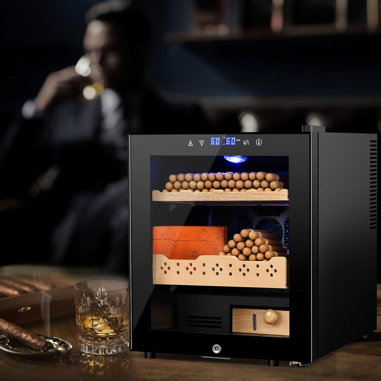Electric Humidor for Cigars, 50L 300 Counts Large Capacity Thermostatic Desktop Humidor Cabinet with Digital LED Screen, Safety Lock,Smart Humidity & Temp Control, Gifts for Men