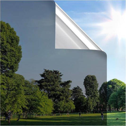 rabbitgoo Window Privacy Film One Way Window Tint for Home, Removable Reflective Heat Sun Blocking Anti UV Glass Door Covering, Mirror Tinting Film House Office, 35.4 in X 6.5 Feet, Black Silver