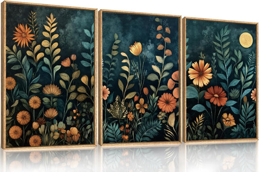 Celestdeco Vintage Dark Botanical Framed Canvas Wall Art Set, Colorful Floral Wall Decor, Nature Wildflower Wall Painting, Colorful Blossom Art Prints for Living Room, Bedroom, Office - 24"X36"X3