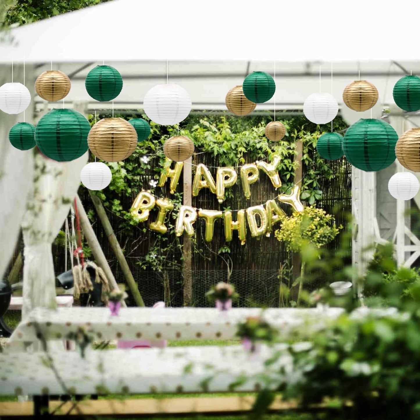 ADLKGG Green Gold Paper Lanterns Party Decorations, Round Hanging Lantern for St. Patrick's Day, Graduation, Wedding, Tropical Jungle Theme Birthday Party Football Theme Baby Shower Decorations