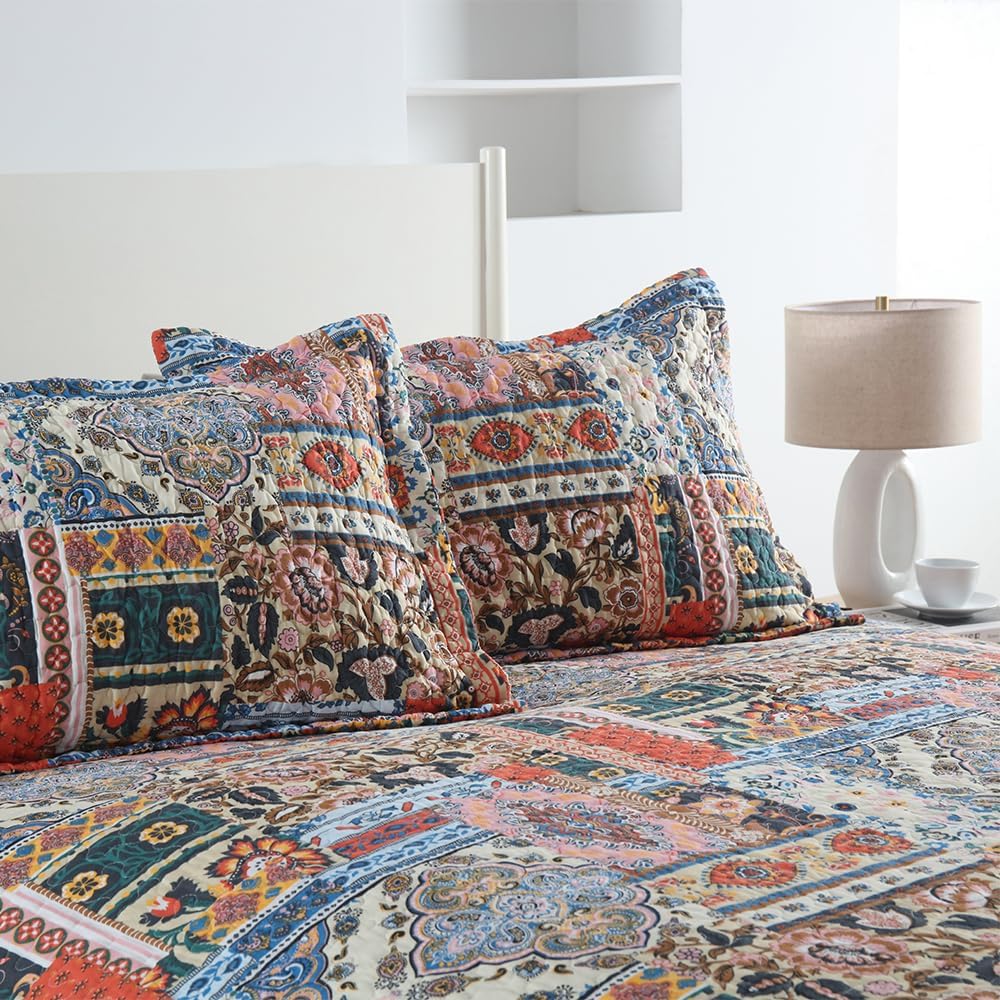 Autumn Dream Cotton Bedspread Quilt Sets, 3 Pieces Reversible Comforter Coverlet Sets, Vintage Gorgeous Bohemian,King Size
