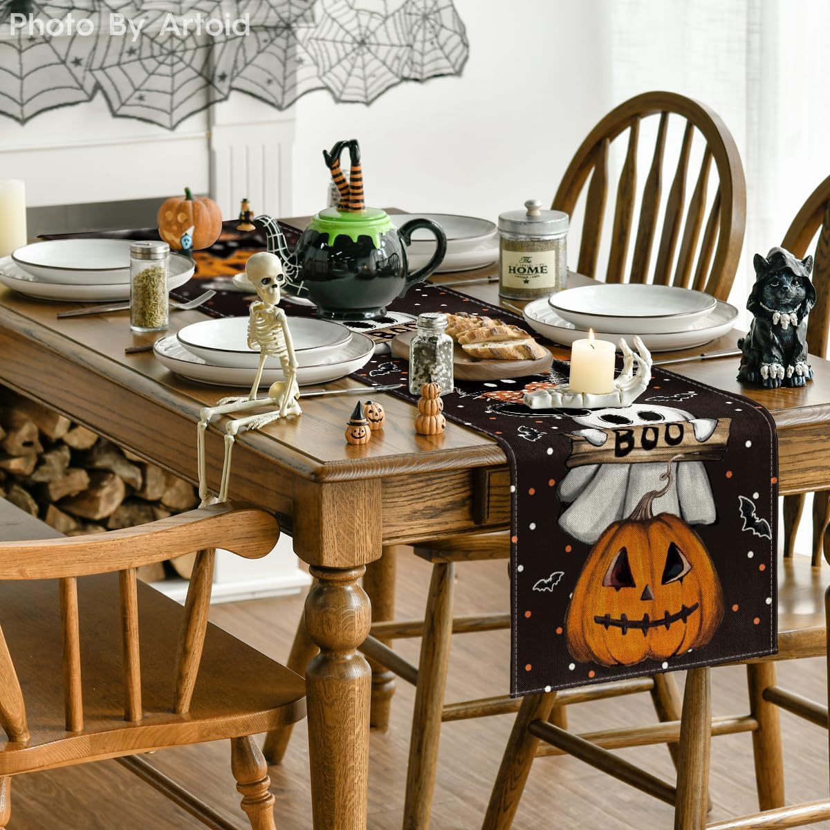 Artoid Mode Polka Dot Ghost Pumpkin Cat Boo Halloween Table Runner, Bat Seasonal Fall Kitchen Dining Table Decoration for Home Party Decor 13x120 Inch