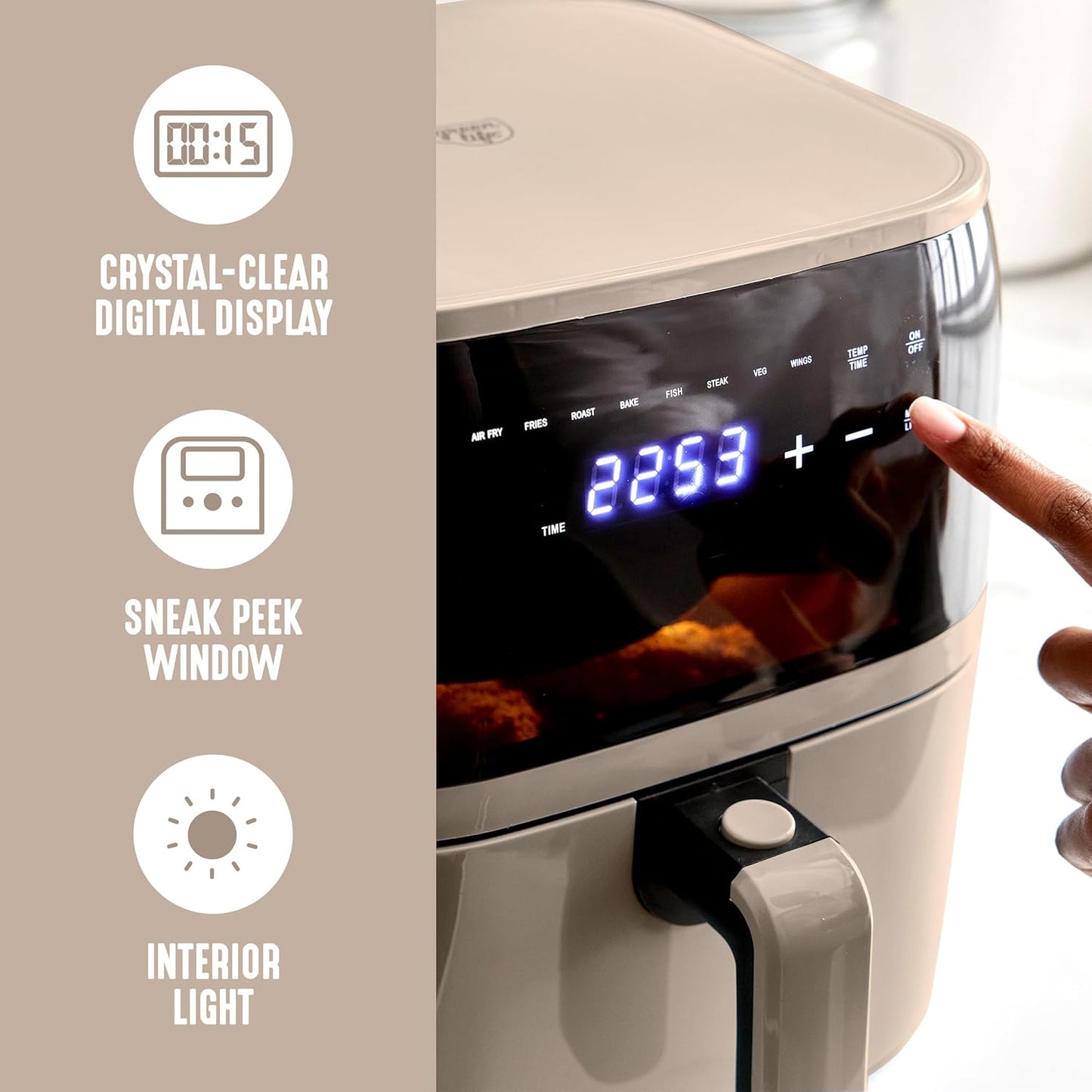GreenLife Compact Electric Air Fryer Oven, 5.3 QT, PFAS-Free Ceramic Nonstick Drawer, 8 One Touch Digital Display, Easy View Window, Auto Shut-Off Timer, Dishwasher Safe Parts, 1500 Watts, Taupe