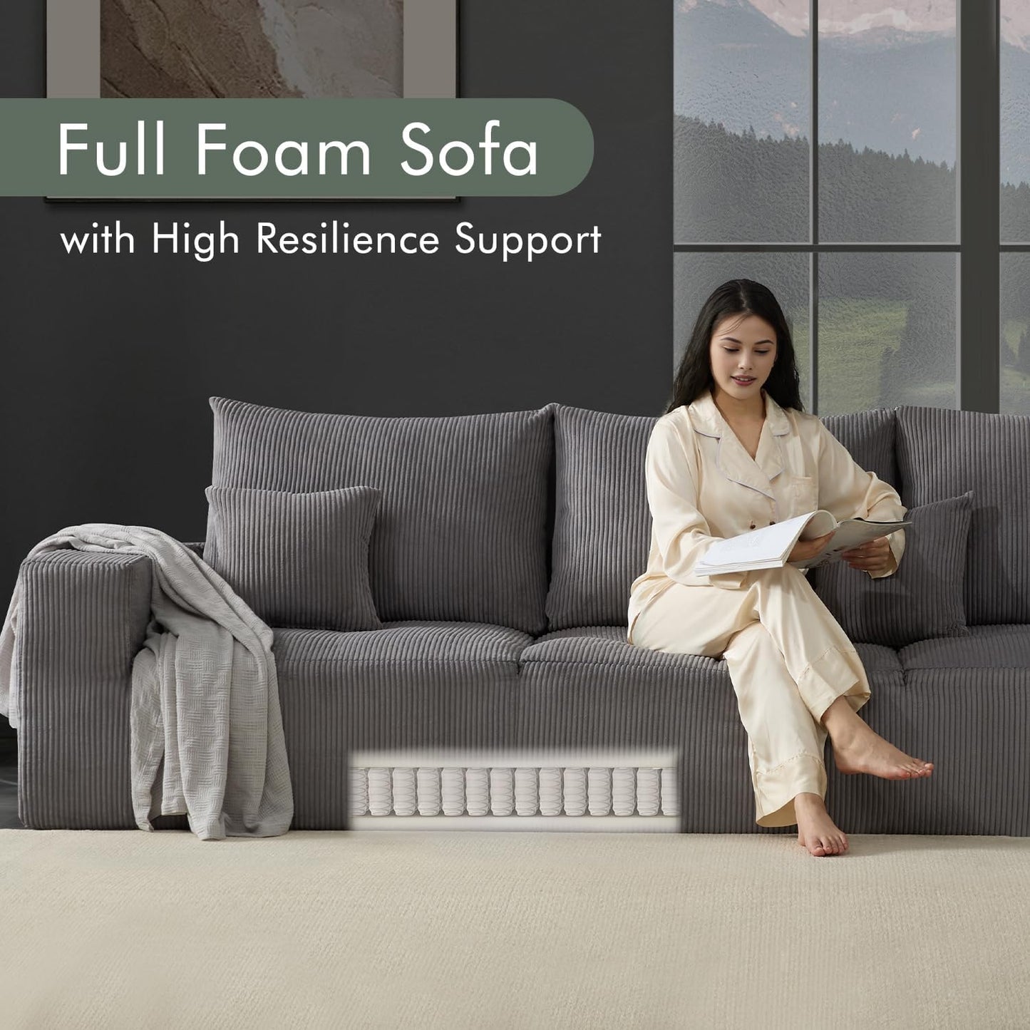 Boneless Sectional Cloud Couch Sofa for Living Room, 112" L-Shaped Modular Modern Lounge Sleeper Grey Couches with Chaise, No Assemble, Cordury Compression Upholstered Sofas