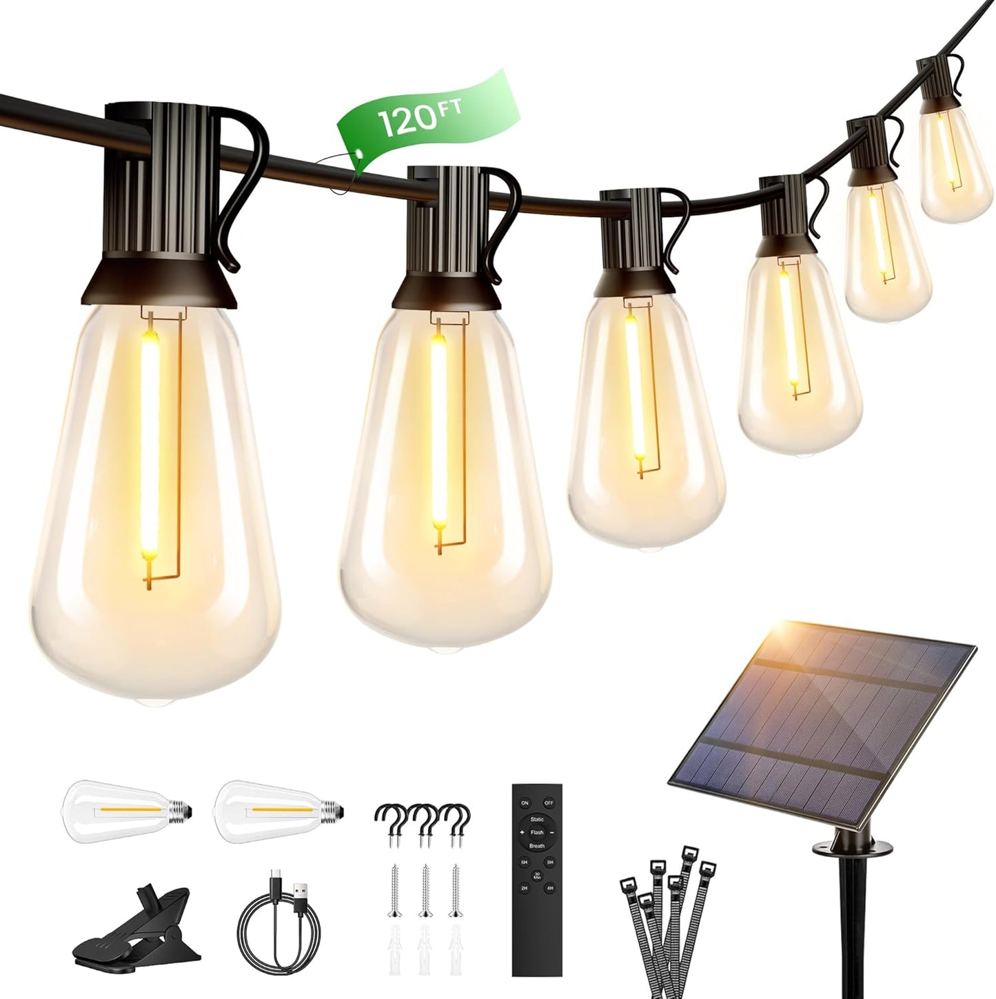 OHLUX 120FT Solar String Lights Outdoor with Remote, 2200K Soft Warm Patio Lights with 52 Shatterproof ST38 Tear-Drop LED Filament Bulbs, Dimmable Outside Edison Hanging Light for Backyard Deck Roof