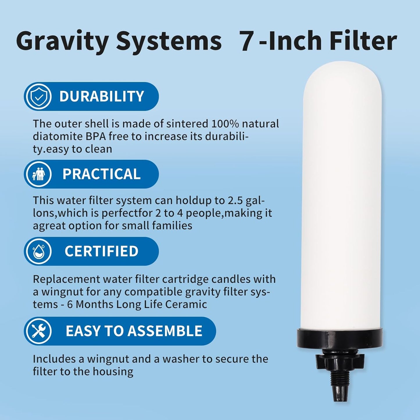 4 PACK 7" Gravity Drinking Water Ceramic Replacement Candle Element Filter with Activated Carbon, 7-Inch Gravity Water Replacement Filter for Basic Gravity Water Filter