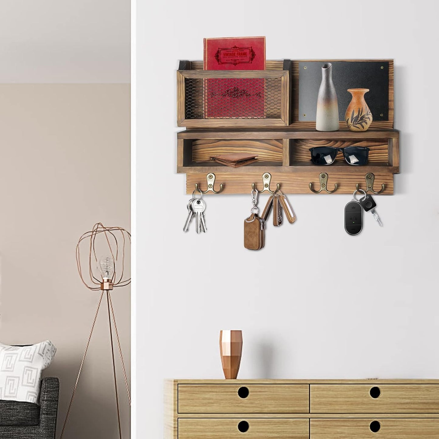 Key Holder for Wall, Mail Organizer Wall Mount with Key Hooks and Wallet Holder, Sunglasses Storage and Dog Leash Hanger, Decorative with 4 Double Hooks and Chalkboard