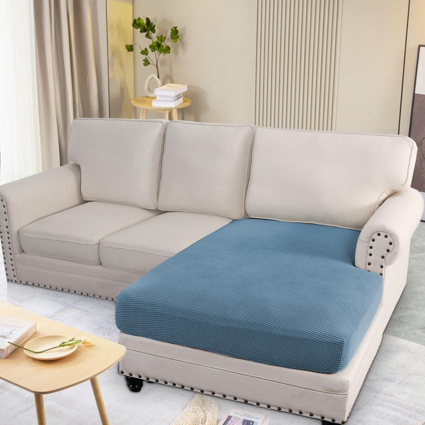 H.VERSAILTEX Super Stretch Individual Chaise Cover Sectional Couch Covers for L Shaped Sofa Both Left/Right Featuring Thick Jacquard Textured Twill Fabric (1 Piece Chaise Cover, Dusty Blue)