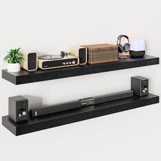 Heimlove 55 Inch Long Floating Shelves for Wall,9.3" Deep Black Floating Shelf Set of 2,Large Display Shelf & Storage Shelf,Wall Mounted Shelves for Bedroom Living Room Kitchen Office