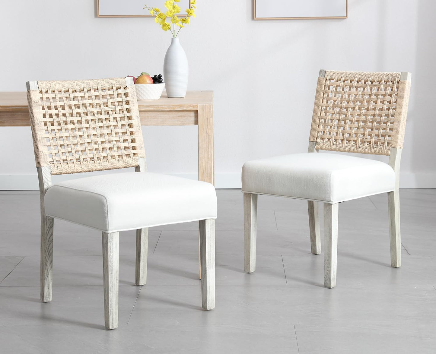 Kmax Farmhouse Dining Chairs Set of 2, Rustic Kitchen Chairs with Linen Fabric Seat and Woven Back, Vintage Accent Chairs for Dining Room, Living Room, Ivory